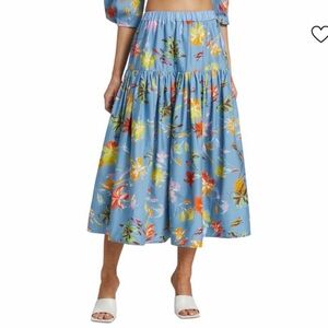 TANYA TAYLOR Lara Tiered Floral Midi Skirt Size S Small Poplin Cotton Blue